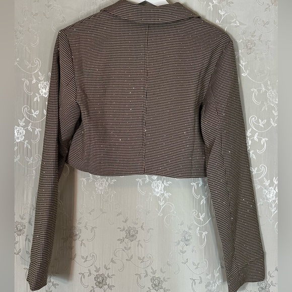 Emory Park Brown Tan Neutral Plaid Cropped Bedazzled Blazer Jacket MEDIUM NWT - Picture 9 of 9